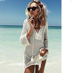 Crochet Swimsuit Cover up in off white tie front